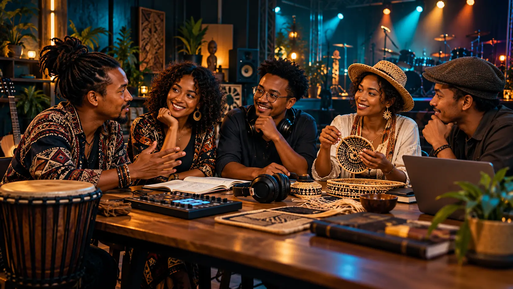 Illustration : cinq adultes échangent autour d’une table avec du matériel musical et de l’artisanat.