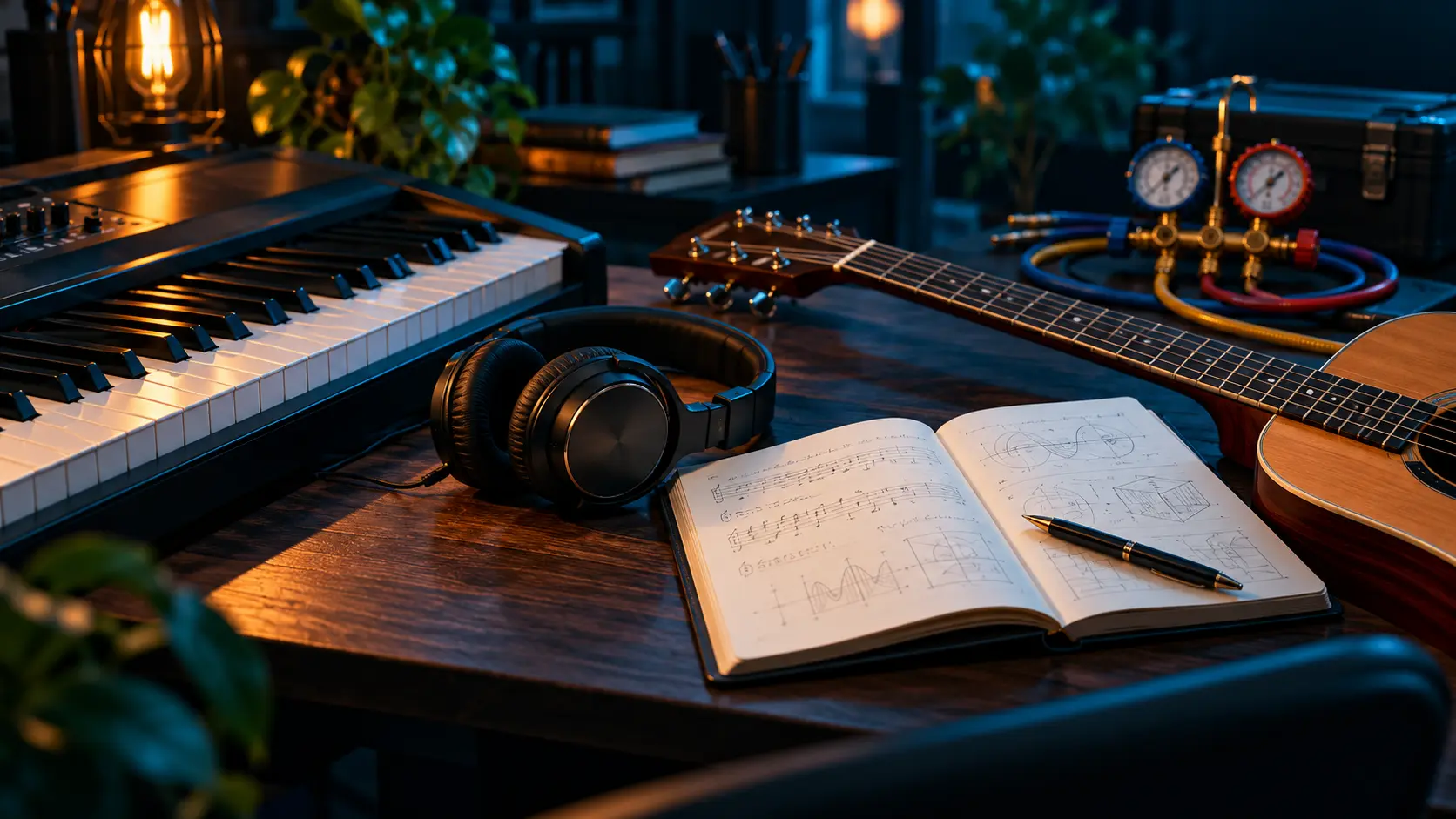 Illustration : instruments de musique, casque et carnet sur une table de formation.
