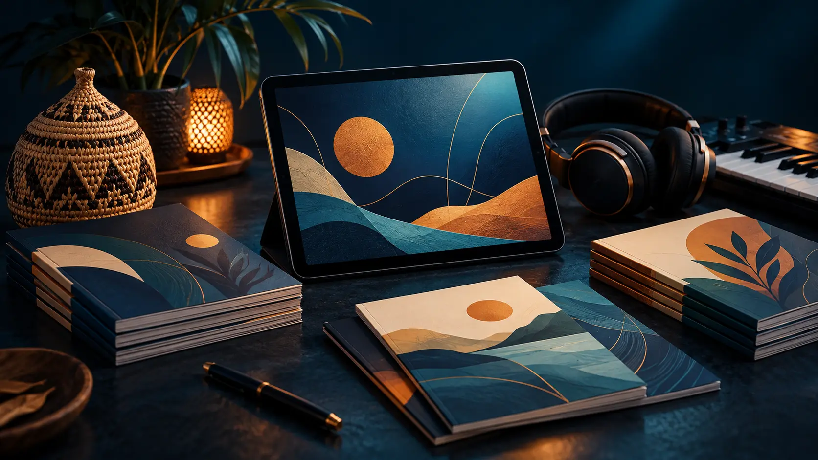 Illustration : tablette, livrets, casque audio et panier en raphia sur une table.