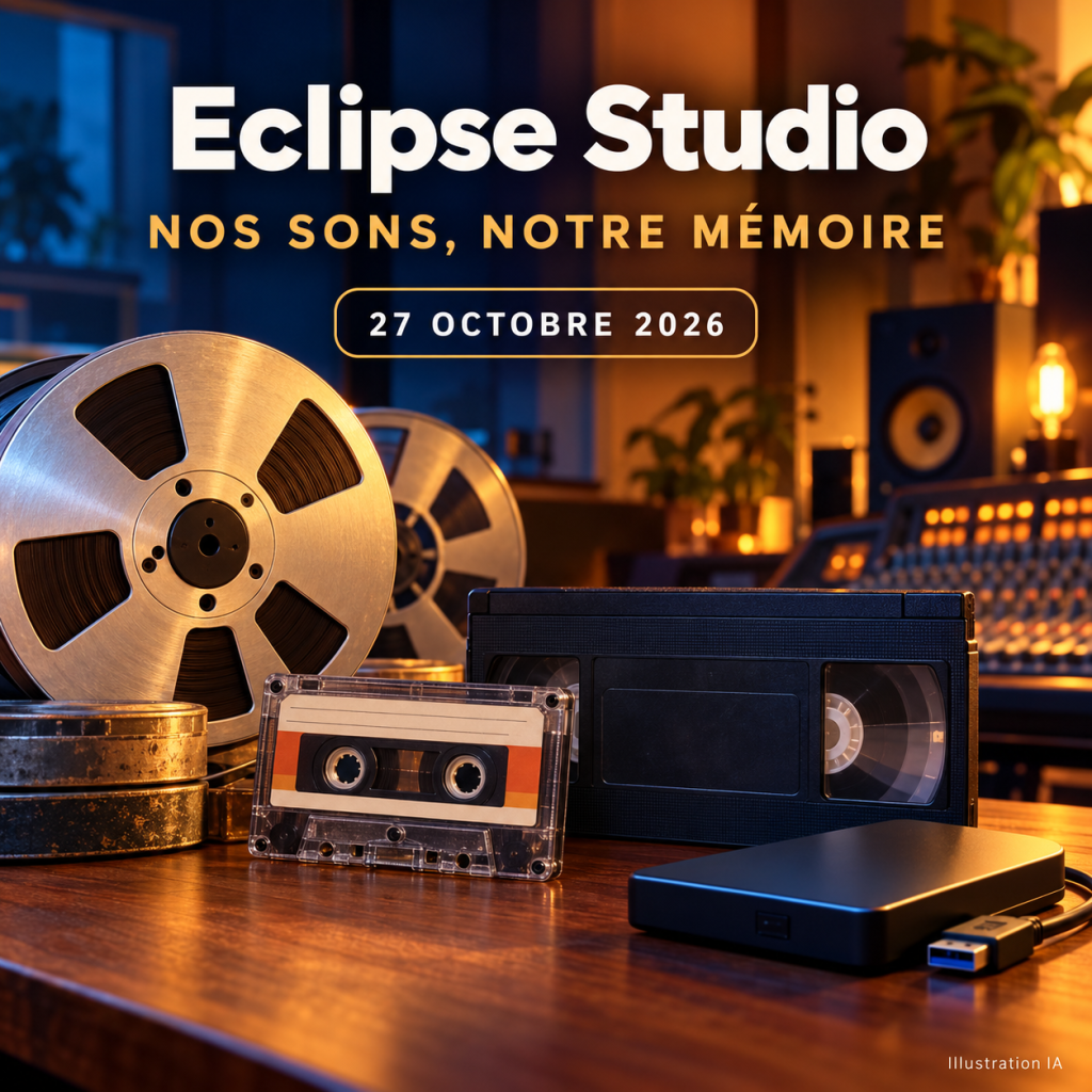 Illustration IA : bandes, cassette audio, vidéocassette et support de stockage contemporain dans un studio imaginaire.